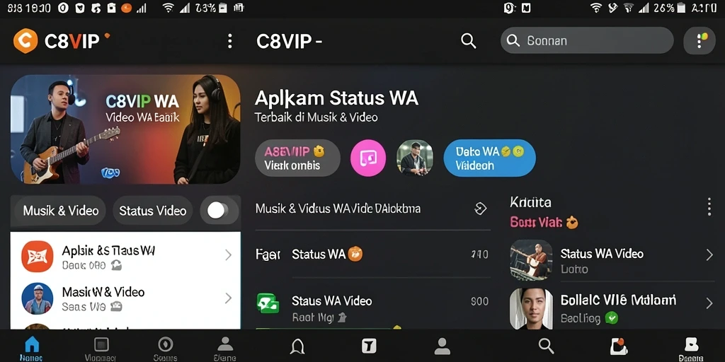 Antarmuka aplikasi C8VIP dengan berbagai pilihan video Status WA.