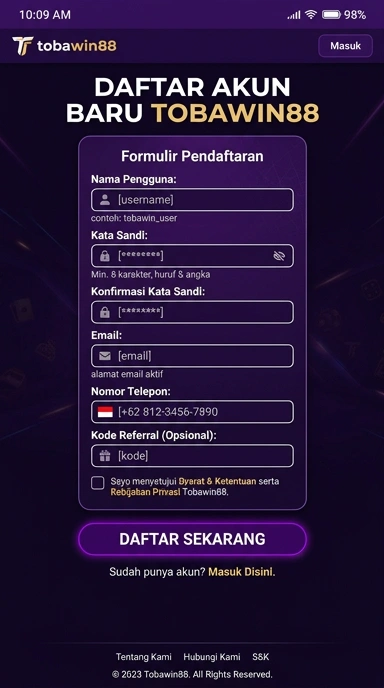 Panduan Registrasi Akun Baru tobawin88 untuk Pemain